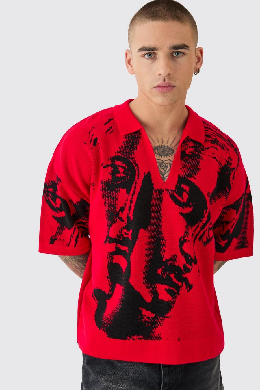 Red Oversized Boxy Renaissance Drawing Knitted Polo 