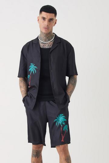 Black Tall Back Print Linen Look Shirt & Short Set