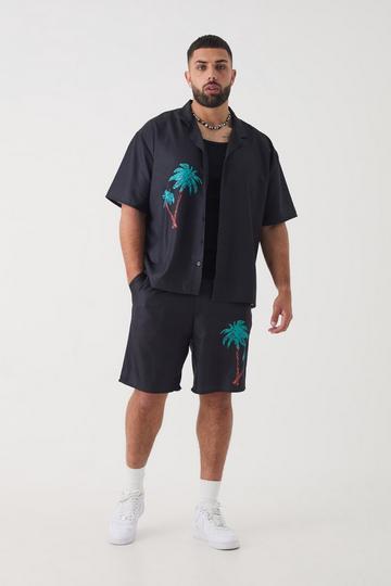 Plus Back Print Linen Look Shirt & Short Set black