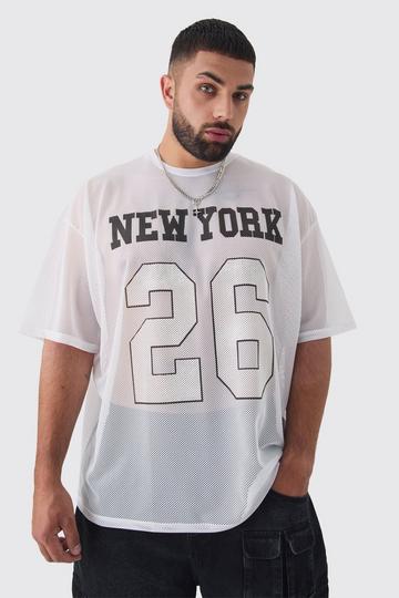 Plus New York Printed Varsity Mesh Basketball T-shirt In White white