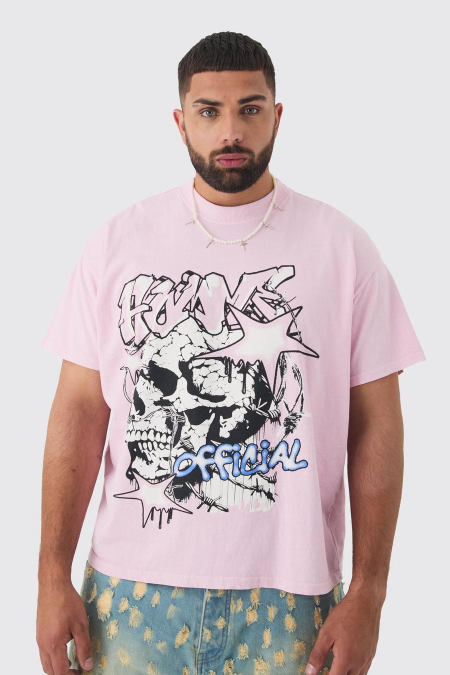 T-shirt Plus Size Homme rosa chiaro con stampa di teschio, Pink
