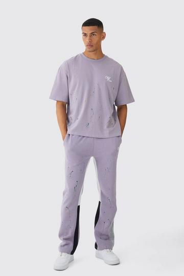 Oversized Boxy Paint Splatter T-Shirt And Gusset Sweatpant Set purple