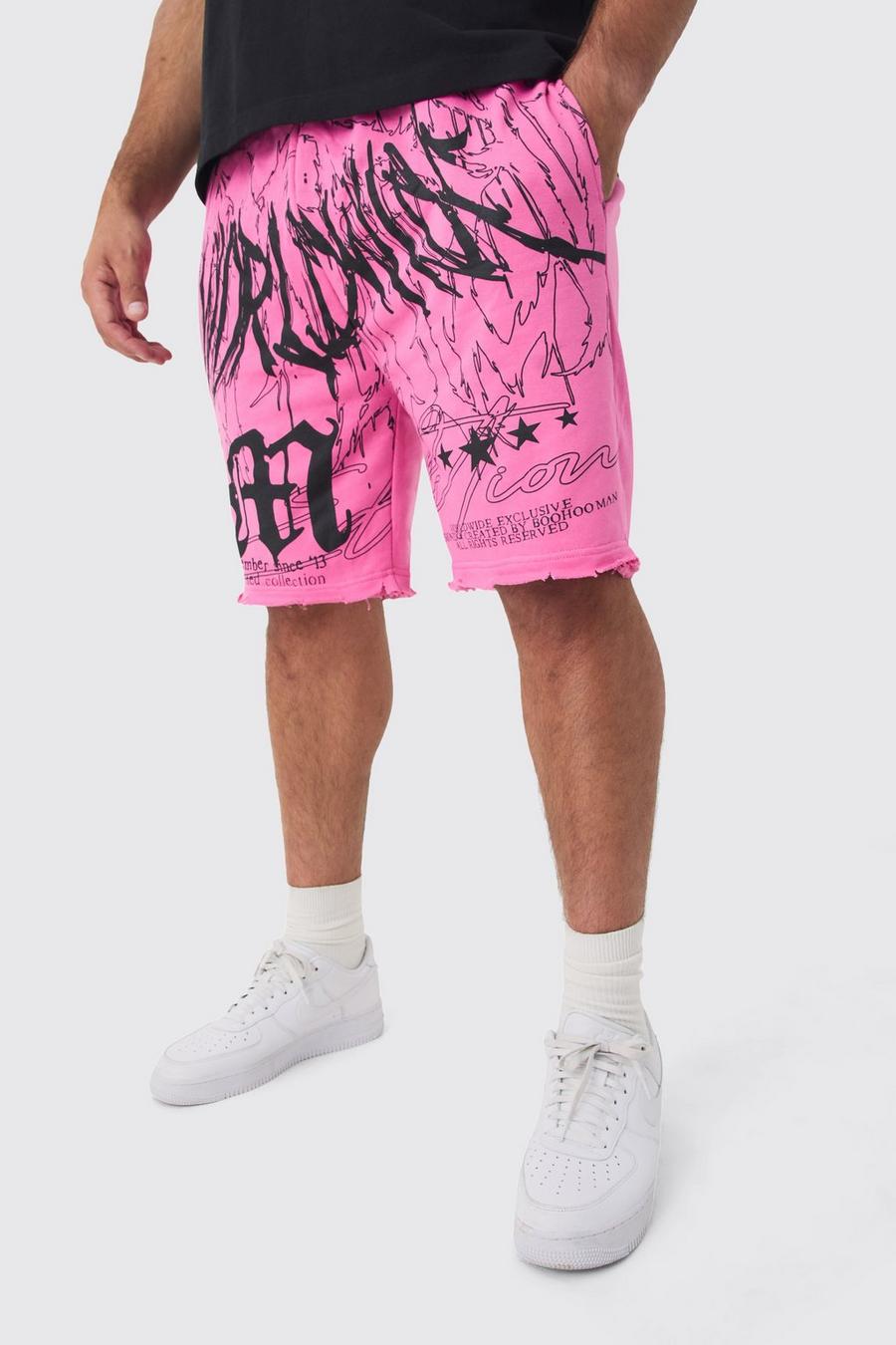 Pink Plus Loose Fit Worldwide Graphic Distressed Shorts image number 1