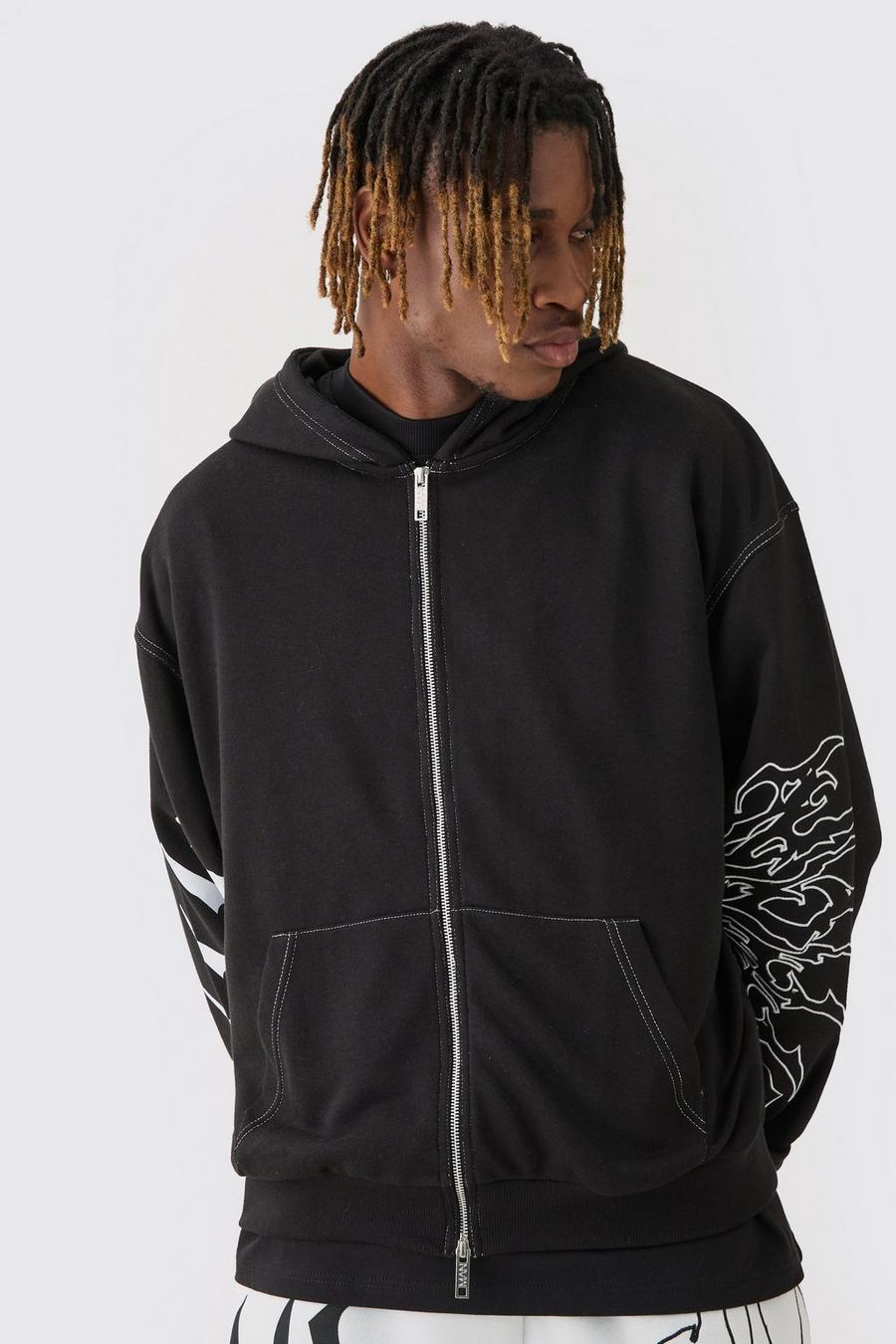 Black Tall Boxy Oversized Embroidery Hoodie