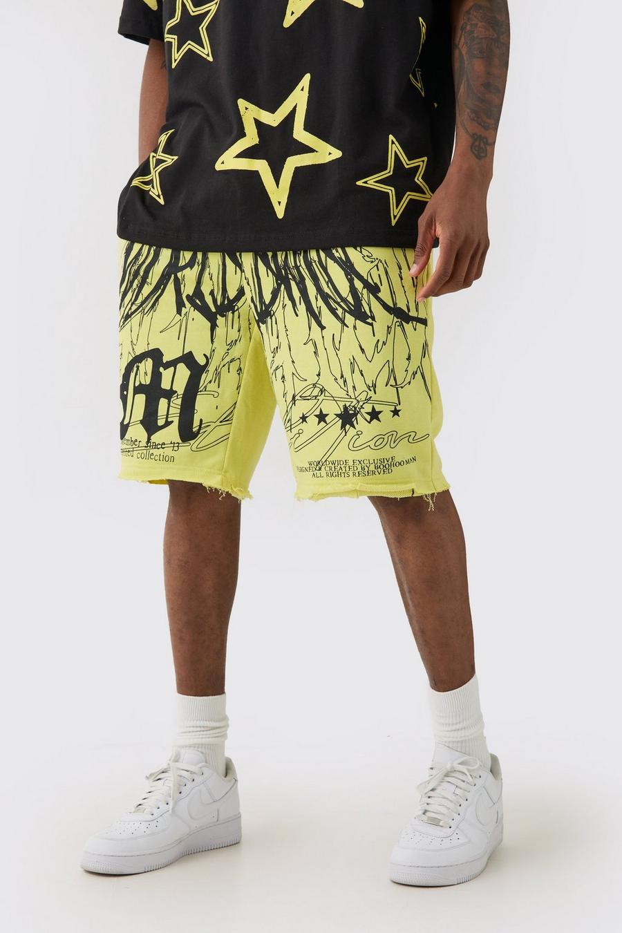 Yellow Tall Loose Fit Worldwide Graphic Distressed Shorts