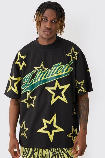 Tall Oversized Extended Neck Limited Star Graphic T-Shirt black