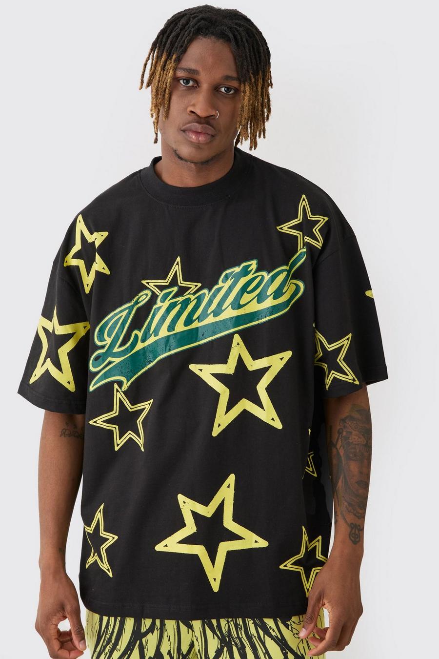 Black Tall Oversized Extended Neck Limited Star Print T-shirt