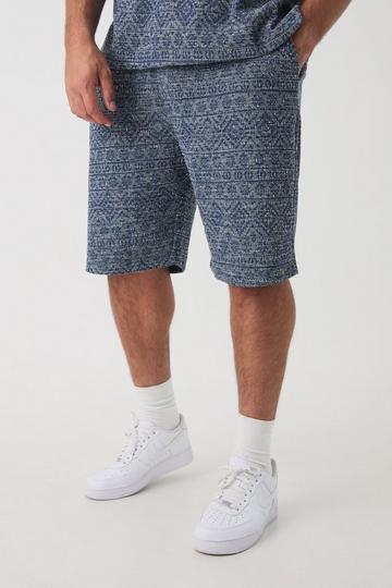 Plus Baggy Jacquard Abstracte Shorts Met Elastische Taille navy