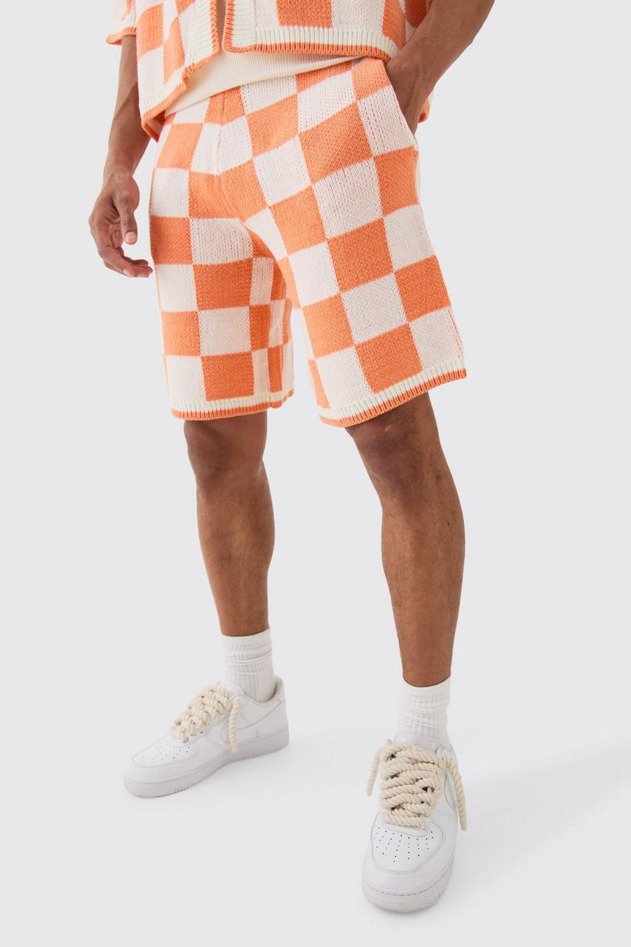 Orange Relaxed Mid Length Check Knitted Short
