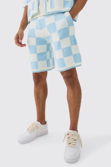 Relaxed Mid Length Check Knitted Short light blue