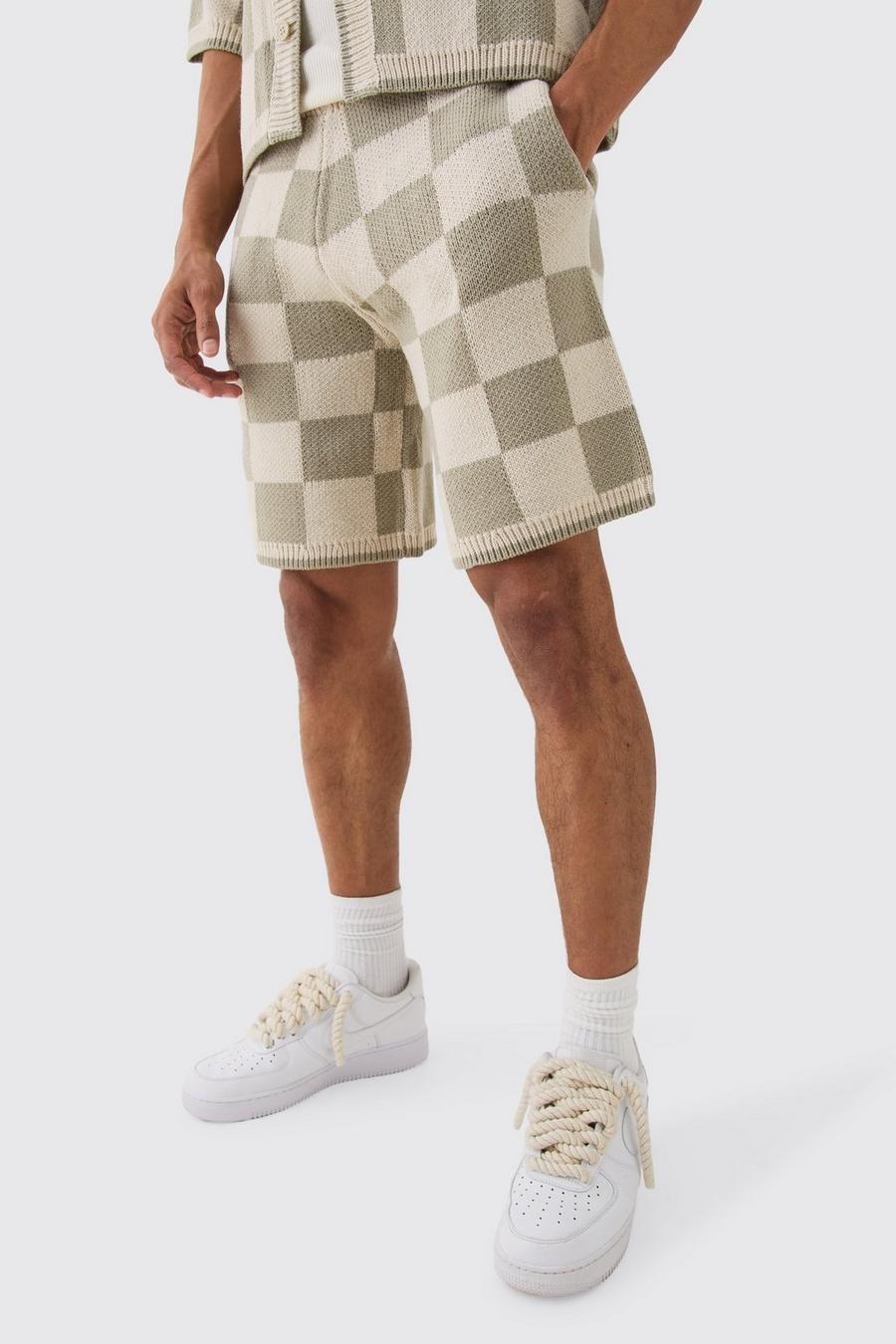 Stone Relaxed Mid Length Check Knitted Short
