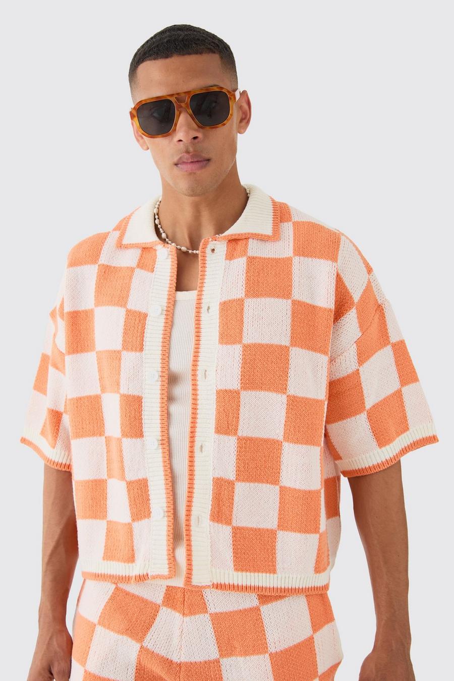 Orange Oversized Boxy Check Knitted Shirt image number 1