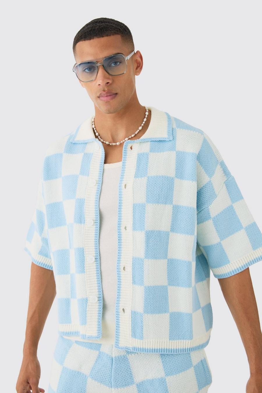 Camicia squadrata oversize in maglia a quadri, Light blue
