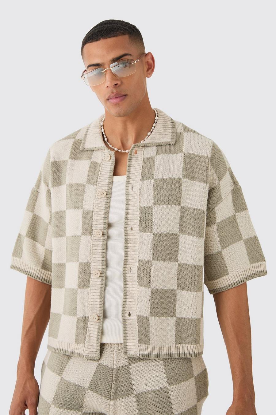 Camicia squadrata oversize in maglia a quadri, Stone