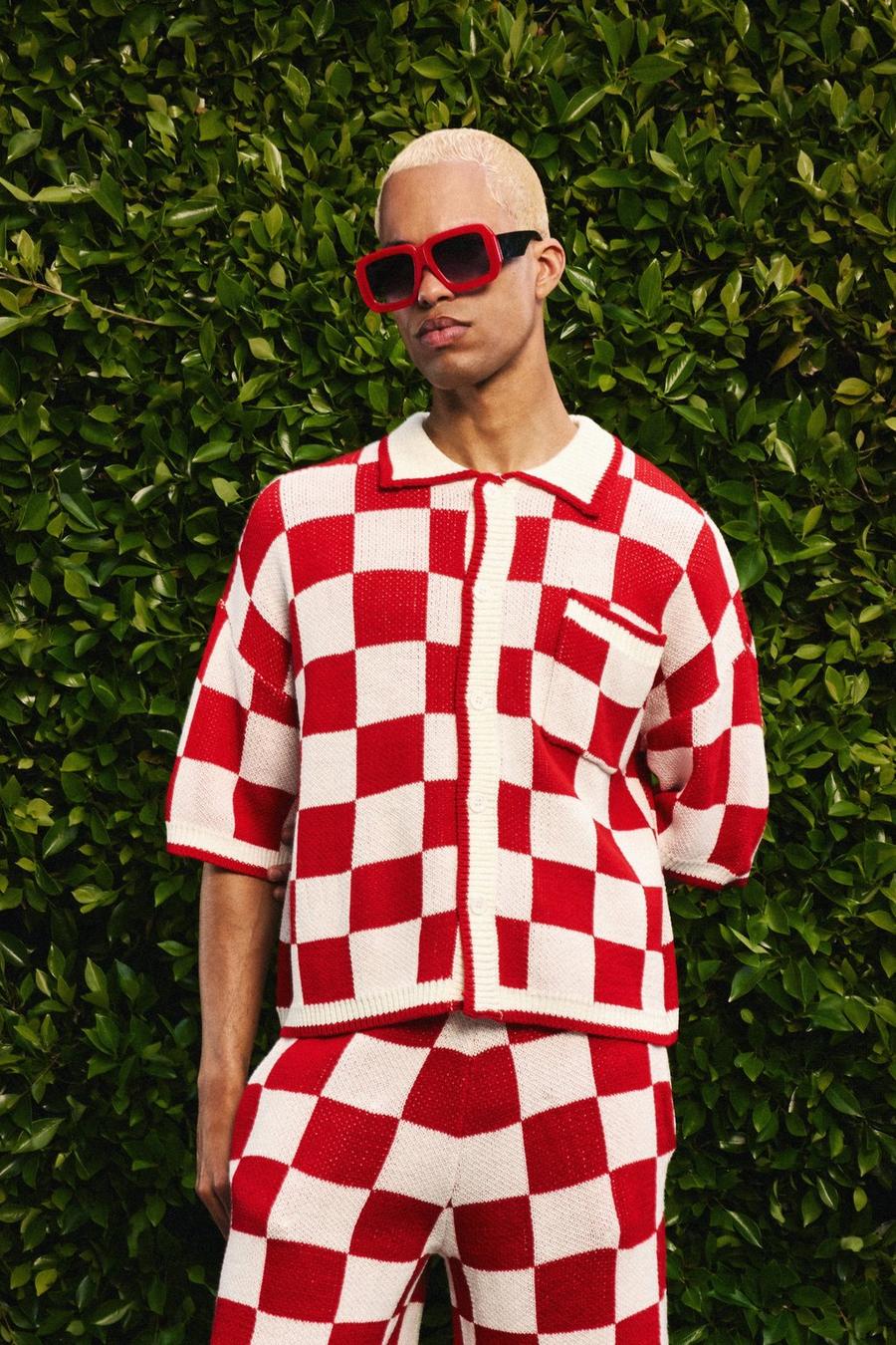 Red Oversized Boxy Check Knitted Shirt