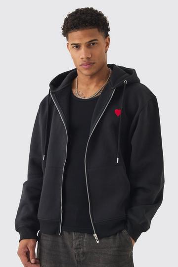 Oversized Boxy Zip Through Heart Embroidered Hoodie black
