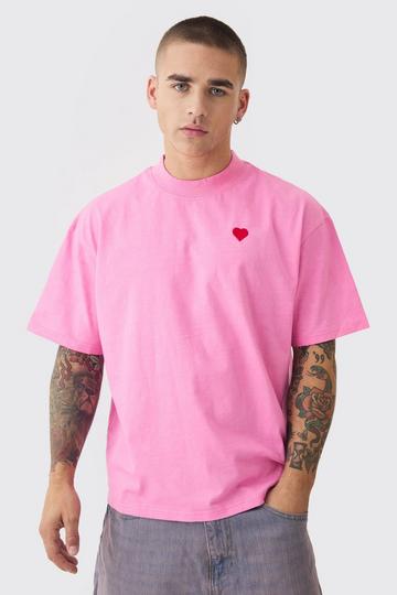 Oversized Boxy Extended Neck Heart Embroidered T-shirt light pink