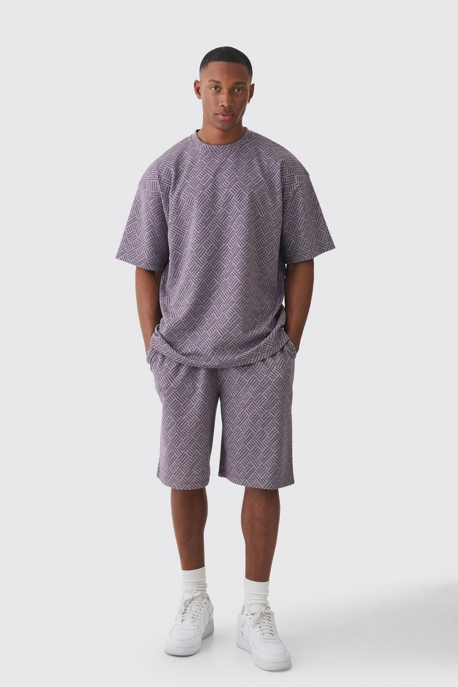 Grey Oversized Geo Jacquard T-shirt & Short Set image number 1