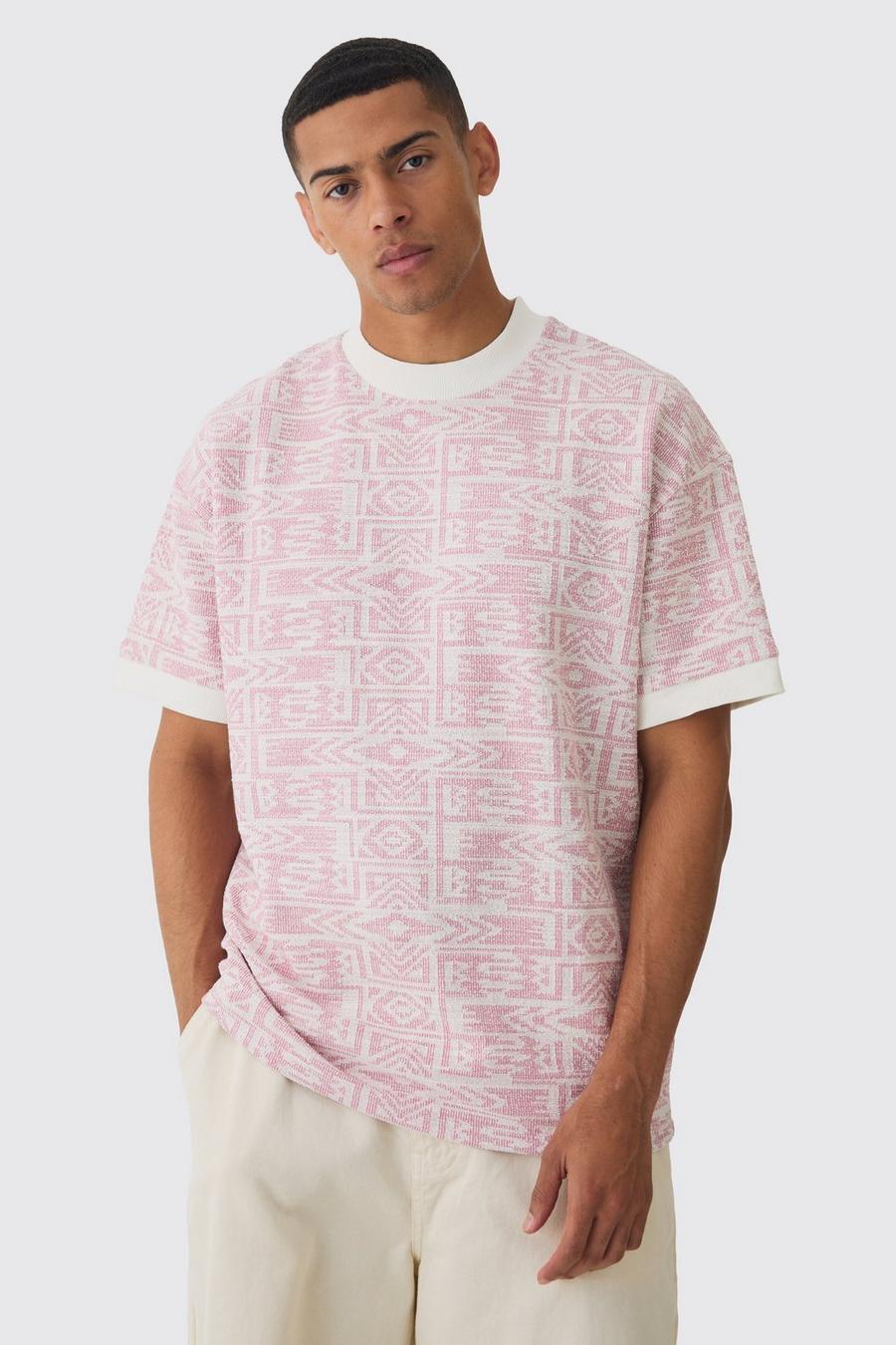 Light pink Oversized Extended Neck Jacquard Aztec Contrast Hems T-shirt