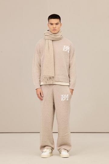 Stone Beige Brushed Boucle Knitted Branded Sweater Tracksuit