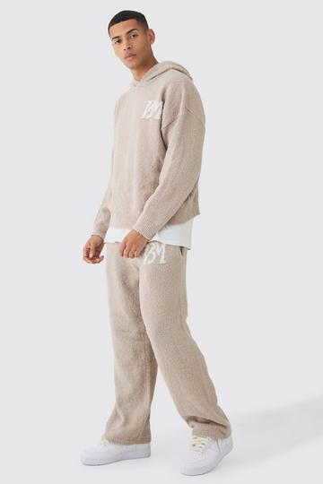 Stone Beige Regular Fit Brushed Boucle Knitted Branded Hooded Tracksuit
