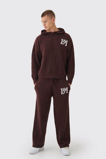 Brushed Boucle Knitted Branded Hooded Tracksuit chocolate