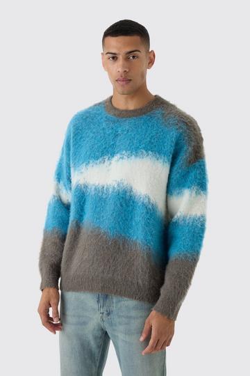 Blue Regular Fit Brushed Abstract Knitted Sweater