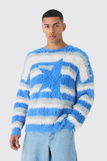 Oversized Boxy Super Fluffy Stripe Sweater light blue