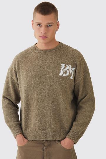 Boxy Fit Brushed Boucle Branded Knitted Jumper khaki