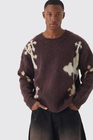 Oversized Boxy Cross Brushed Knitted Jumper chocolate