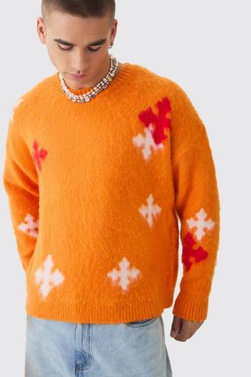 Orange Oversized Boxy Cross Brushed Knitted Jumper