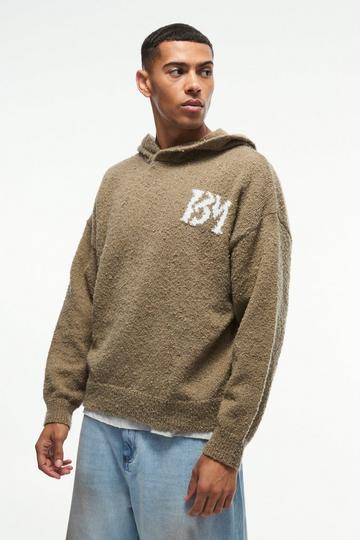 Regular Fit Brushed Boucle Branded Knitted Hoodie khaki