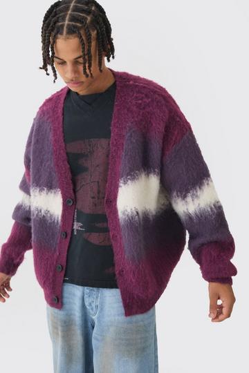 Purple Oversized Brushed Abstract Knitted Cardigan