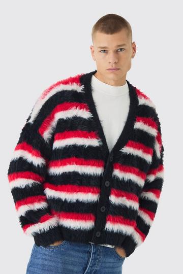 Oversized Boxy Super Fluffy Stripe Cardigan red