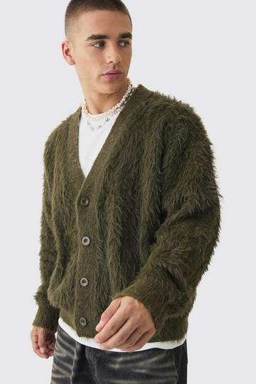 Oversized Boxy Super Fluffy Knitted Cardigan khaki