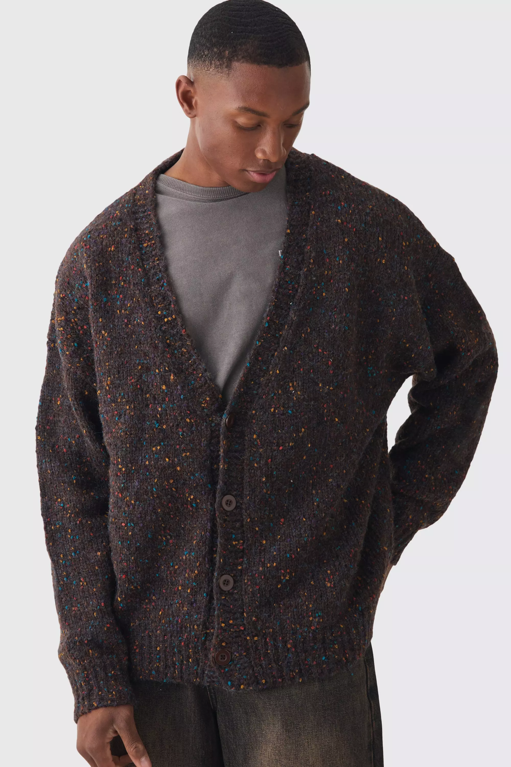 Chocolate Oversized Textured Brushed Knitted Cardigan alternative image
