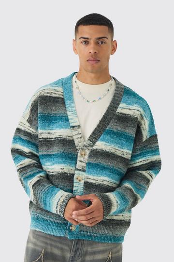 Oversized Boxy Abstract Stripe Knitted Cardigan light blue