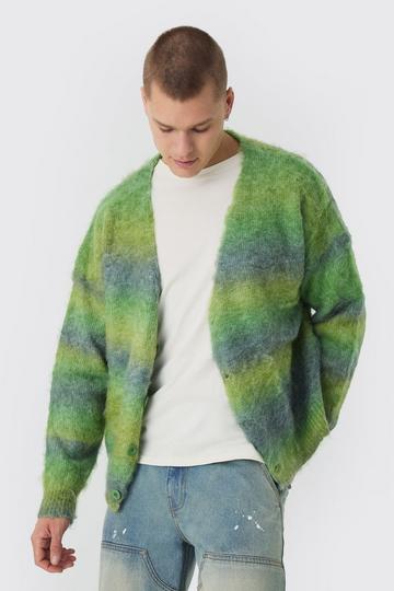 Green Oversized Boxy Brushed Stripe Knitted Cardigan