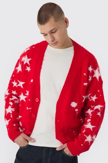 Oversized Boxy Star Brushed Knitted Cardigan red