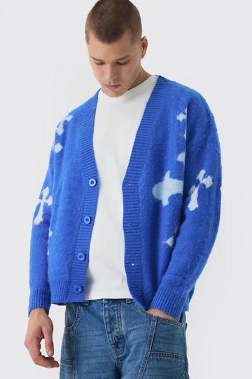 Oversized Boxy Cross Brushed Knitted Cardigan cobalt