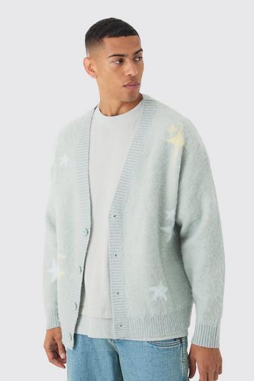 Oversized Boxy Star Brushed Knitted Cardigan light blue