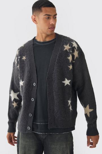 Oversized Boxy Star Brushed Knitted Cardigan charcoal