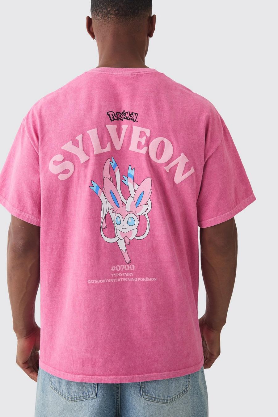 Pink Oversized Pokemon Sylveon Wash License T-shirt image number 1