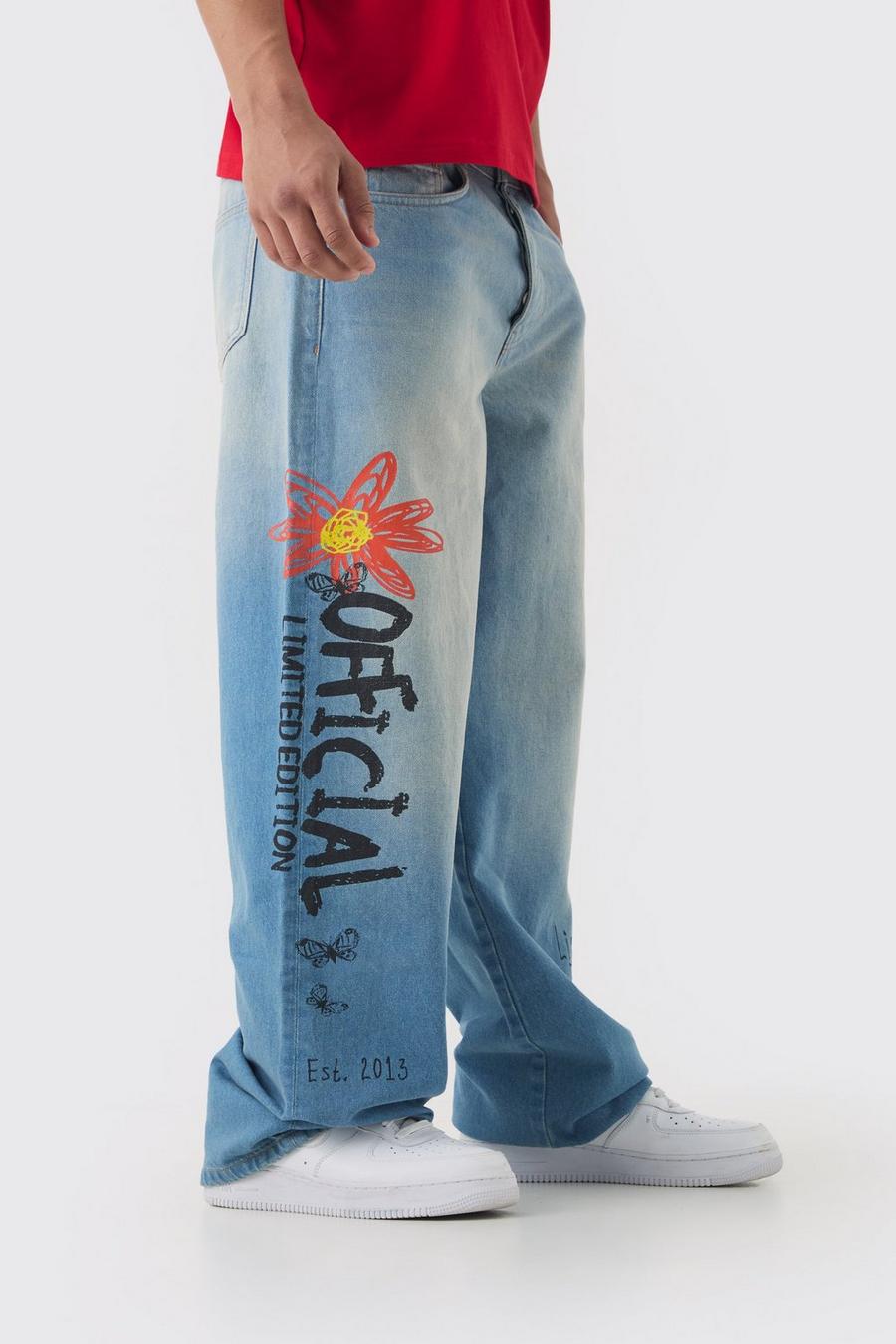 Baggy Rigid Doodle Graphic Denim Jeans In Light Blue image number 1