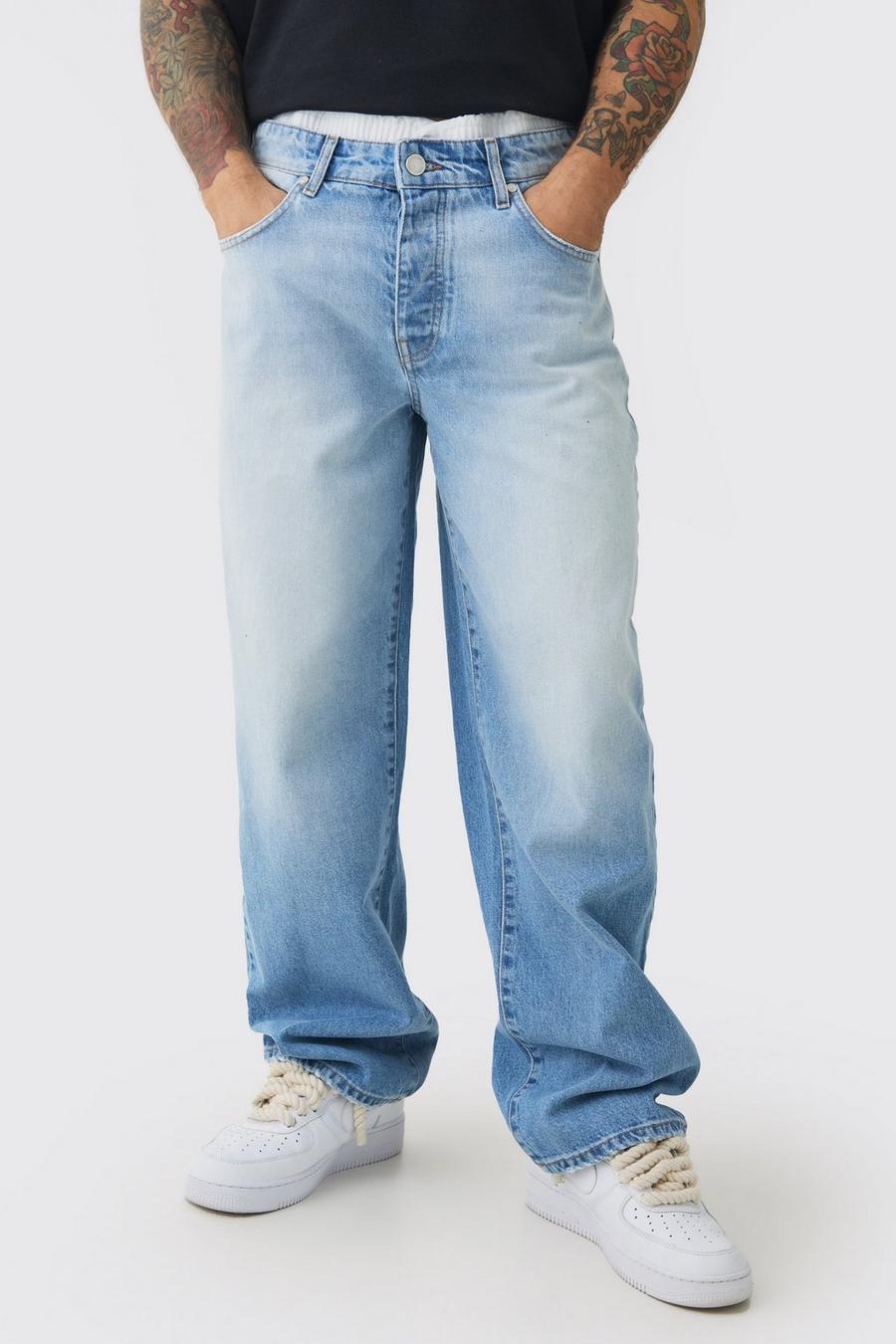 Baggy Rigid Double Waistband Denim Jeans In Light Blue
