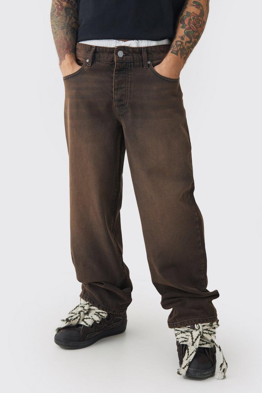 Baggy Rigid Double Waistband Denim Jeans In Brown