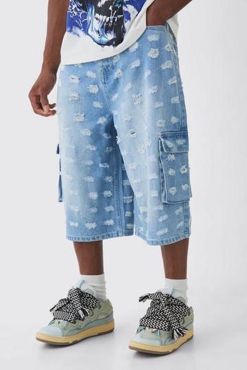 Brown Longline All Over Distressed Cargo Denim Jorts In Light Blue