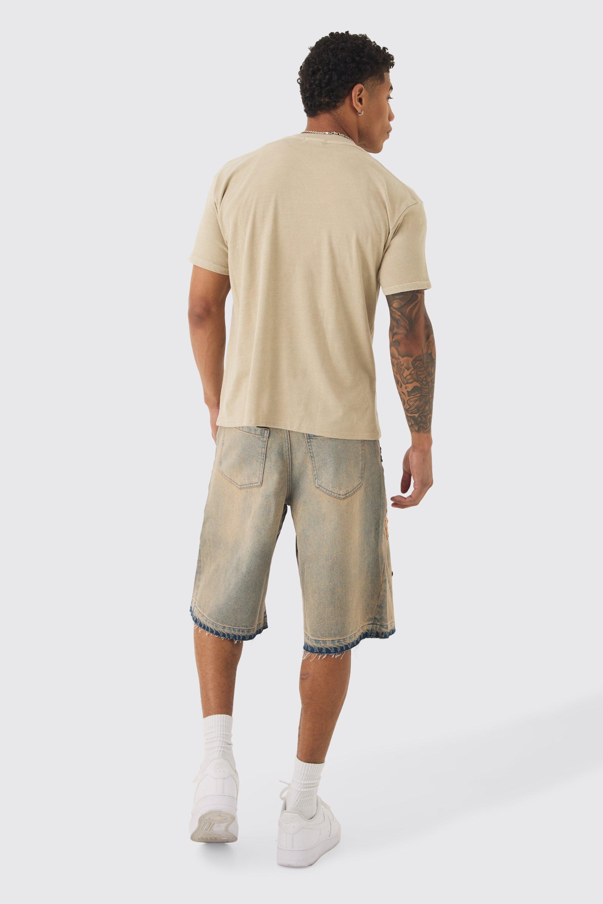 Regular Cross Applique Gusset Denim Jorts In Stone | boohoo USA