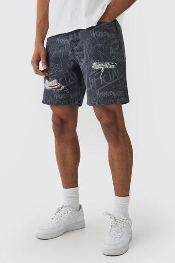 Relaxed Rigid All Over Print Ripped Jean Shorts In Mid Grey mid grey