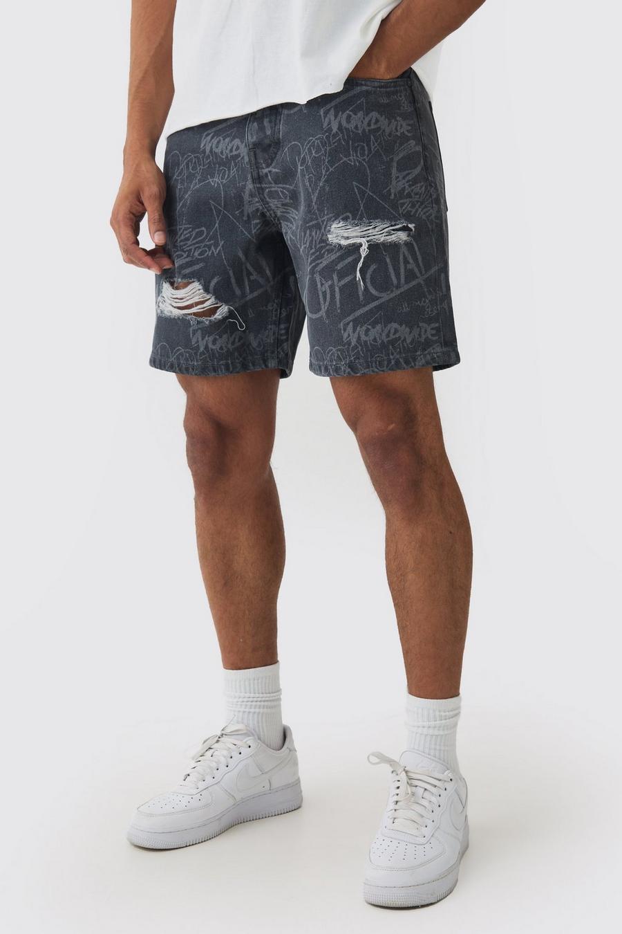 Relaxed Rigid All Over Print Ripped Denim Shorts In Mid Grey